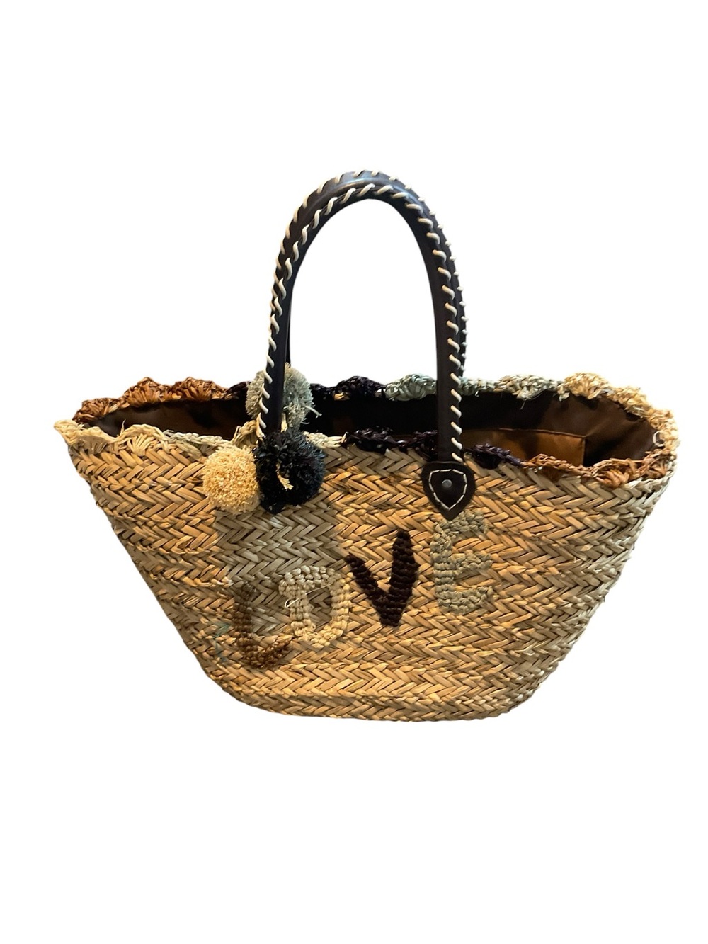 Molly Bracken Natural Straw Tote with Black Handles and Multicolor Pom-Poms